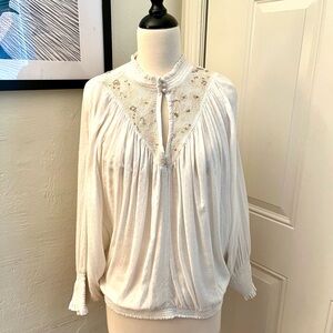 Anthropologie Off White Lace-Trimmed Blouse